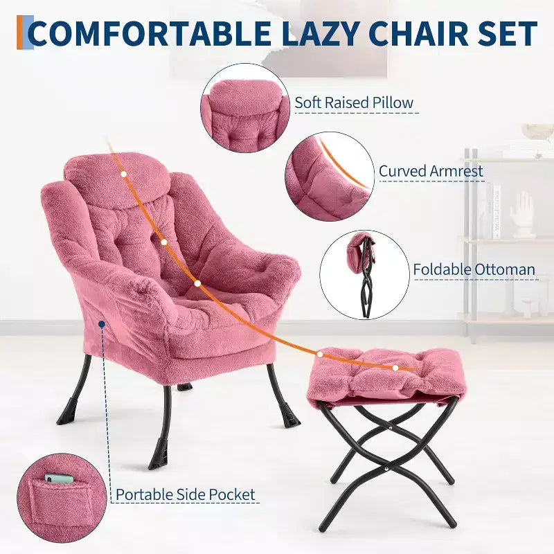 Lot de 2 chaises de salon avec pouf et pochette latérale – Chaise de lecture ergonomique