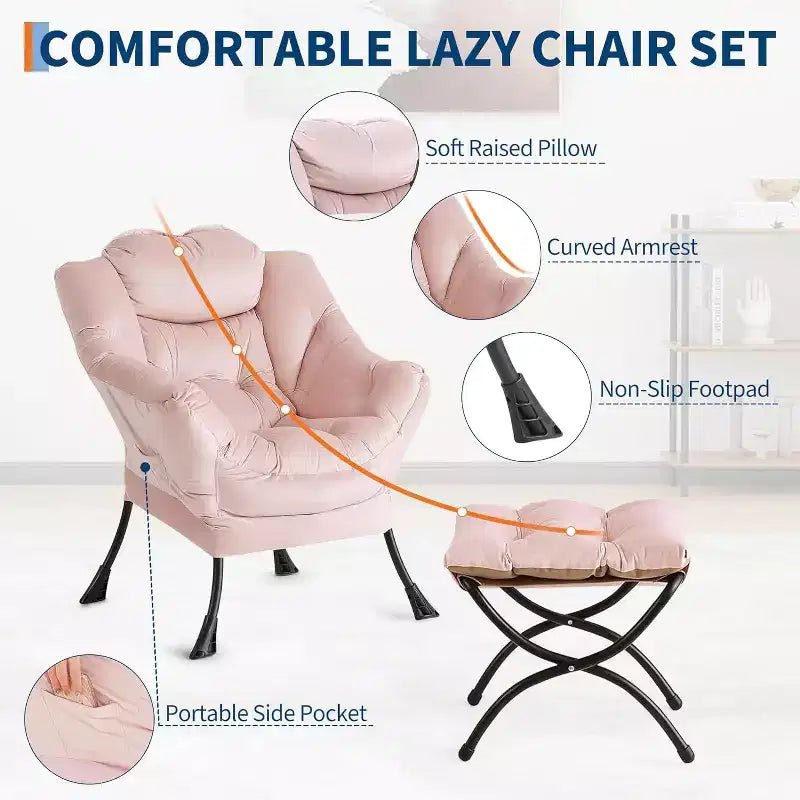 Lot de 2 chaises de salon avec pouf et pochette latérale – Chaise de lecture ergonomique