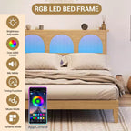 Lit plateforme bohème avec tête de lit en rotin, lumières LED et étagères de rangement – Naturel