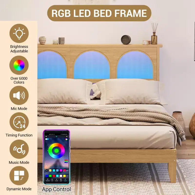 Lit plateforme bohème avec tête de lit en rotin, lumières LED et étagères de rangement – Naturel