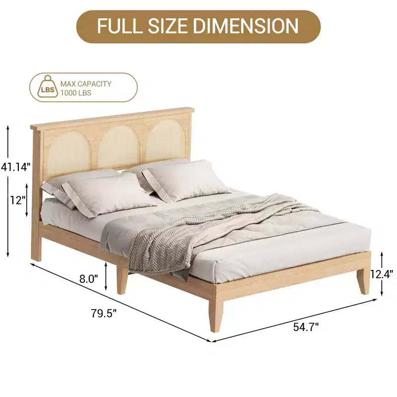Lit plateforme bohème avec tête de lit en rotin, lumières LED et étagères de rangement – Naturel