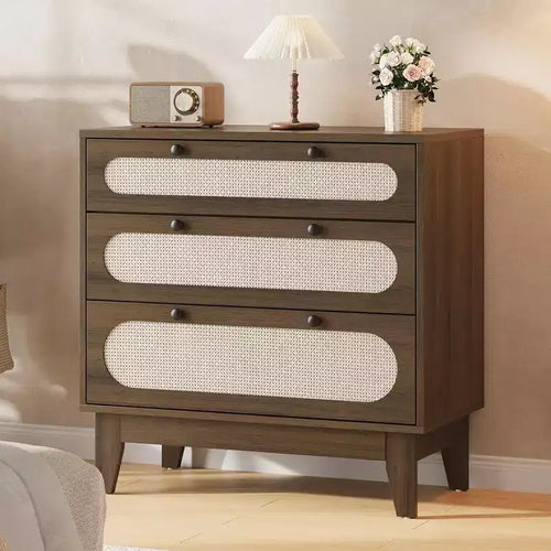 Commode en rotin à 3 tiroirs – Meuble de rangement bohème en bois de 78 cm pour chambre à coucher