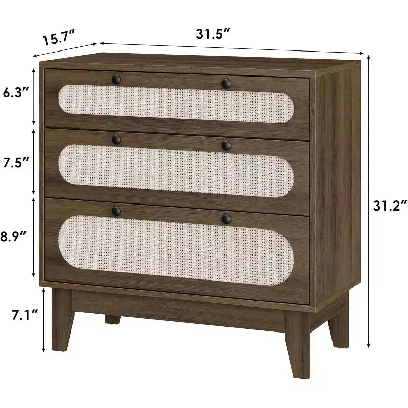 Commode en rotin à 3 tiroirs – Meuble de rangement bohème en bois de 78 cm pour chambre à coucher