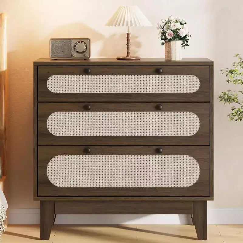Commode en rotin à 3 tiroirs – Meuble de rangement bohème en bois de 78 cm pour chambre à coucher