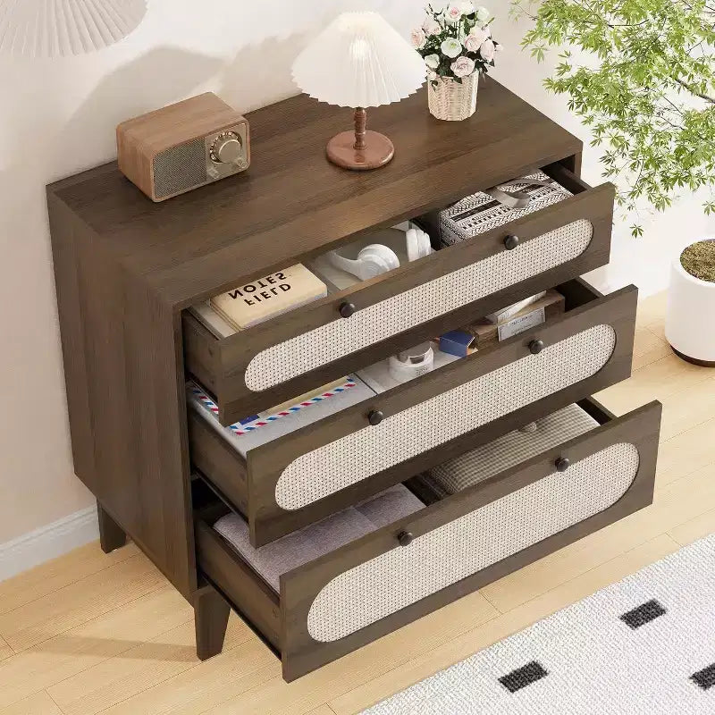 Commode en rotin à 3 tiroirs – Meuble de rangement bohème en bois de 78 cm pour chambre à coucher