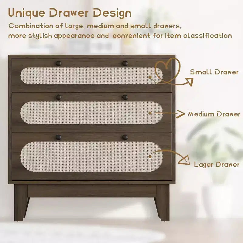 Commode en rotin à 3 tiroirs – Meuble de rangement bohème en bois de 78 cm pour chambre à coucher