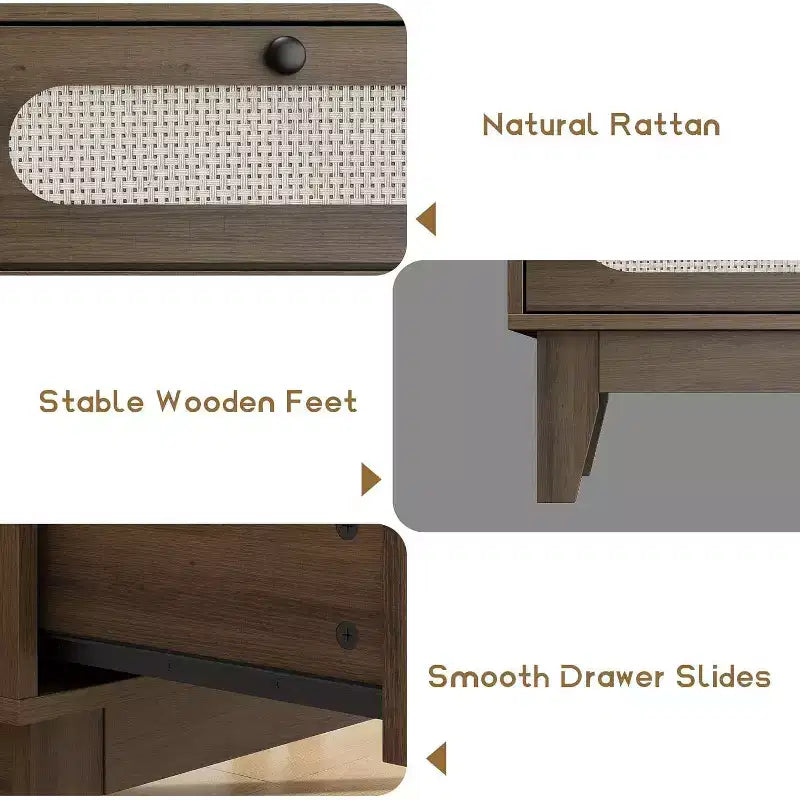 Commode en rotin à 3 tiroirs – Meuble de rangement bohème en bois de 78 cm pour chambre à coucher