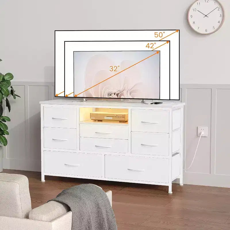 Meuble TV 8 tiroirs avec prise intégrée – Meuble TV pour téléviseurs jusqu'à 55 po