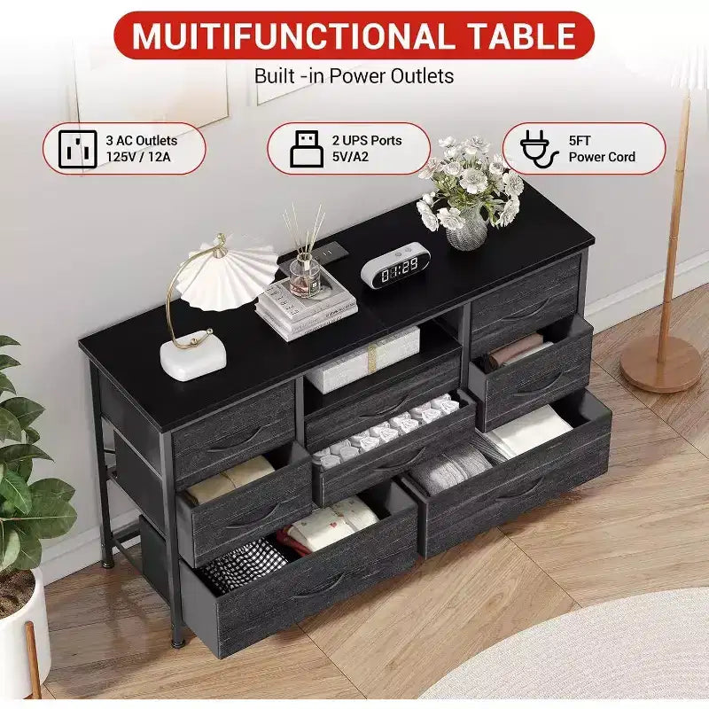Meuble TV 8 tiroirs avec prise intégrée – Meuble TV pour téléviseurs jusqu'à 55 po