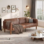 75 Futon Sofa Bed, Convertible Sleeper, Faux Leather Small Couch, Loveseat, Mid-Century Modern Couch for Living Room, Bedroom, Brown