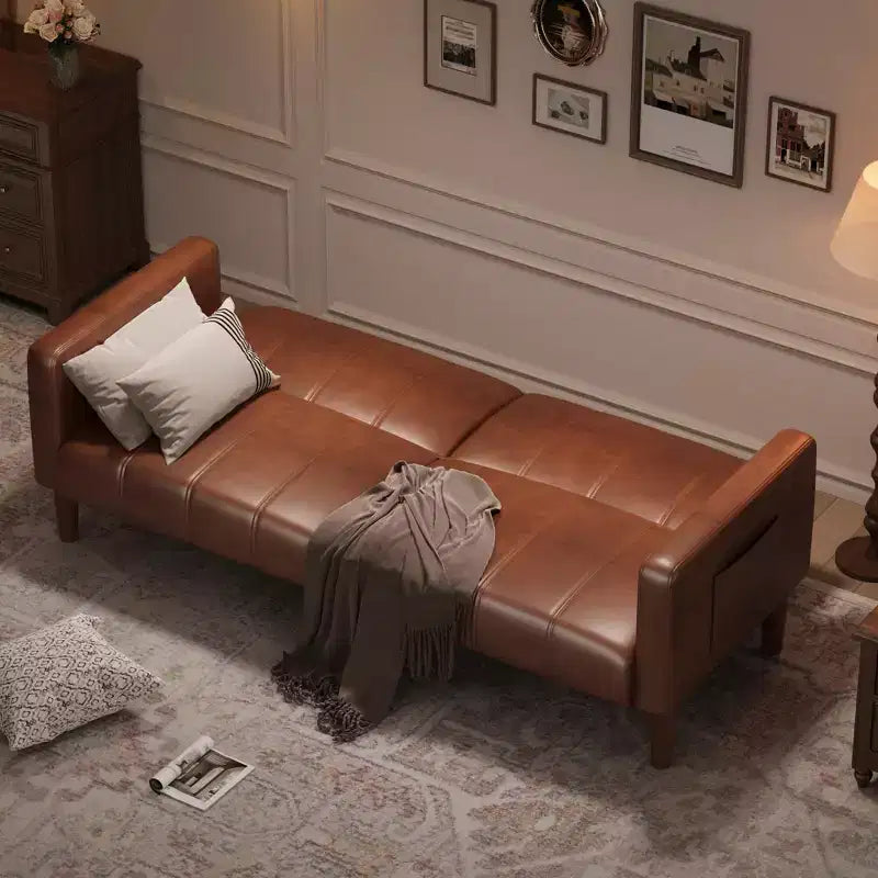 Canapé-lit futon convertible 75 po – Similicuir, Moderne Mid-Century, Brun, 4 places