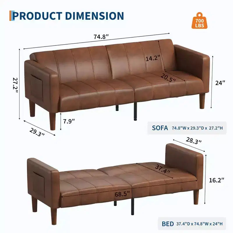 Canapé-lit futon convertible 75 po – Similicuir, Moderne Mid-Century, Brun, 4 places