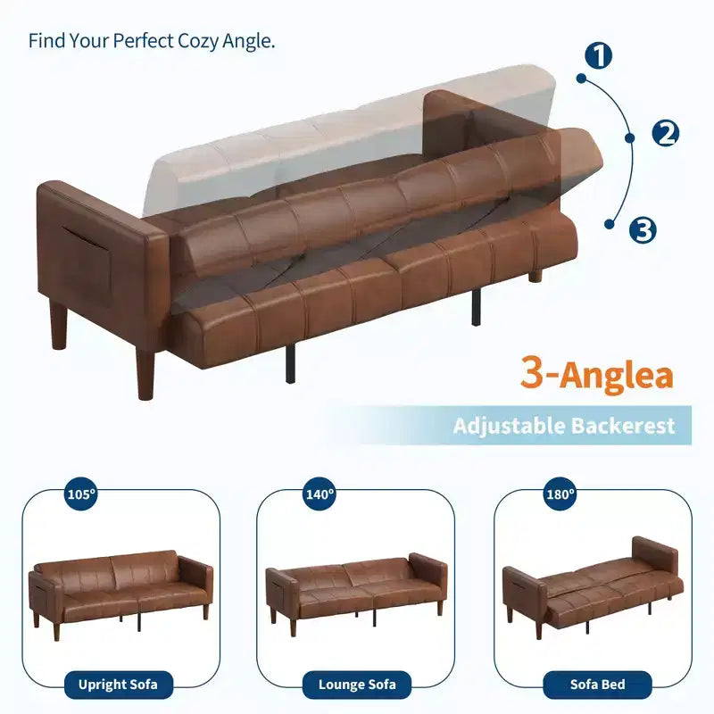 Canapé-lit futon convertible 75 po – Similicuir, Moderne Mid-Century, Brun, 4 places
