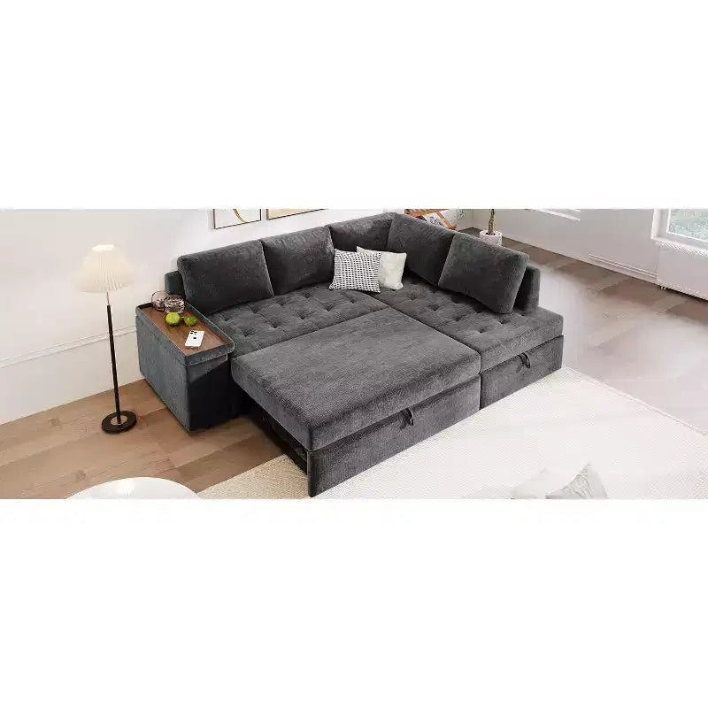 Canapé d'angle en L de 232 cm avec lit gigogne et rangement intégré – 4 places, coton