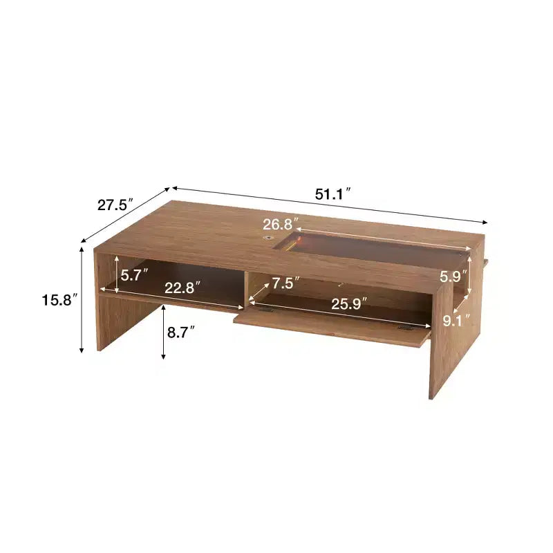 Table basse rectangulaire de 130 cm avec lumières LED et 2 compartiments de rangement – Noyer, 227 kg