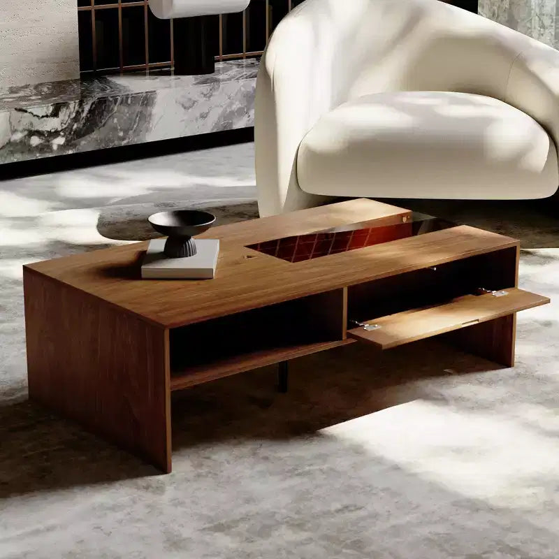 Table basse rectangulaire de 130 cm avec lumières LED et 2 compartiments de rangement – Noyer, 227 kg