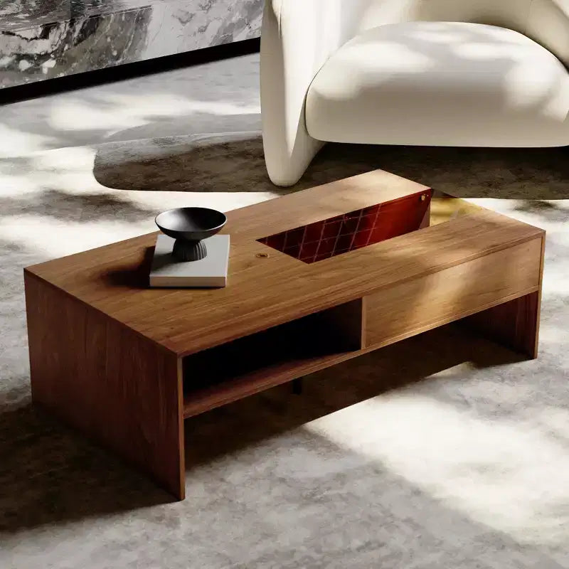 Table basse rectangulaire de 130 cm avec lumières LED et 2 compartiments de rangement – Noyer, 227 kg
