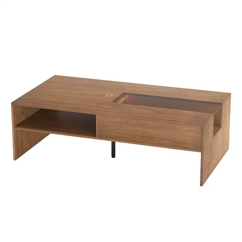 Table basse rectangulaire de 130 cm avec lumières LED et 2 compartiments de rangement – Noyer, 227 kg
