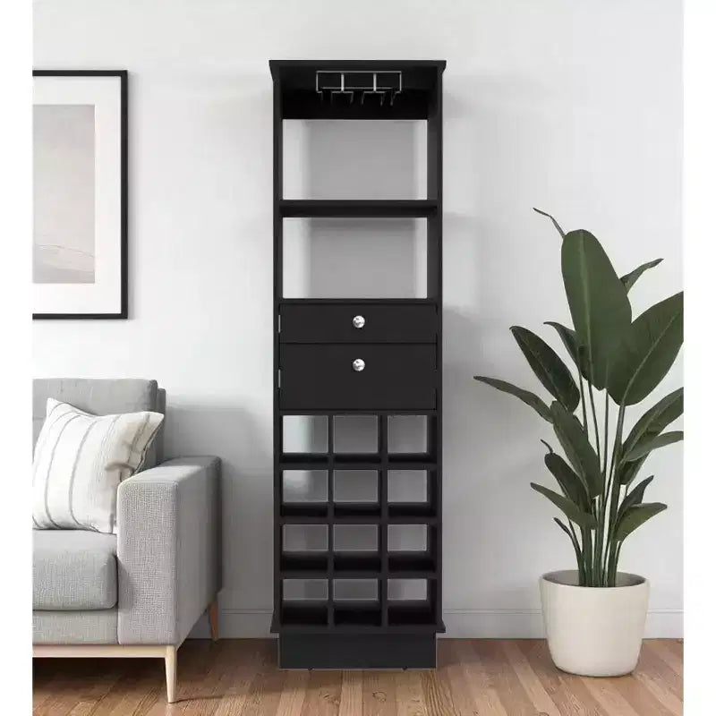Meuble de bar noir de 160 cm avec 2 tiroirs, casier à vin et porte-verres – Aucun assemblage requis