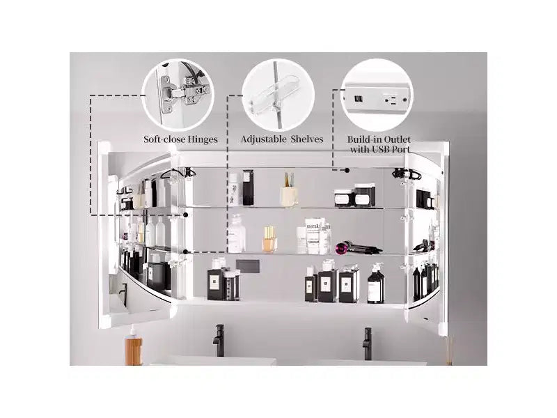 Armoire à pharmacie à LED 36x36 – Montage en saillie/encastré, Désembuage, Éclairage 3 couleurs, USB et prise de courant