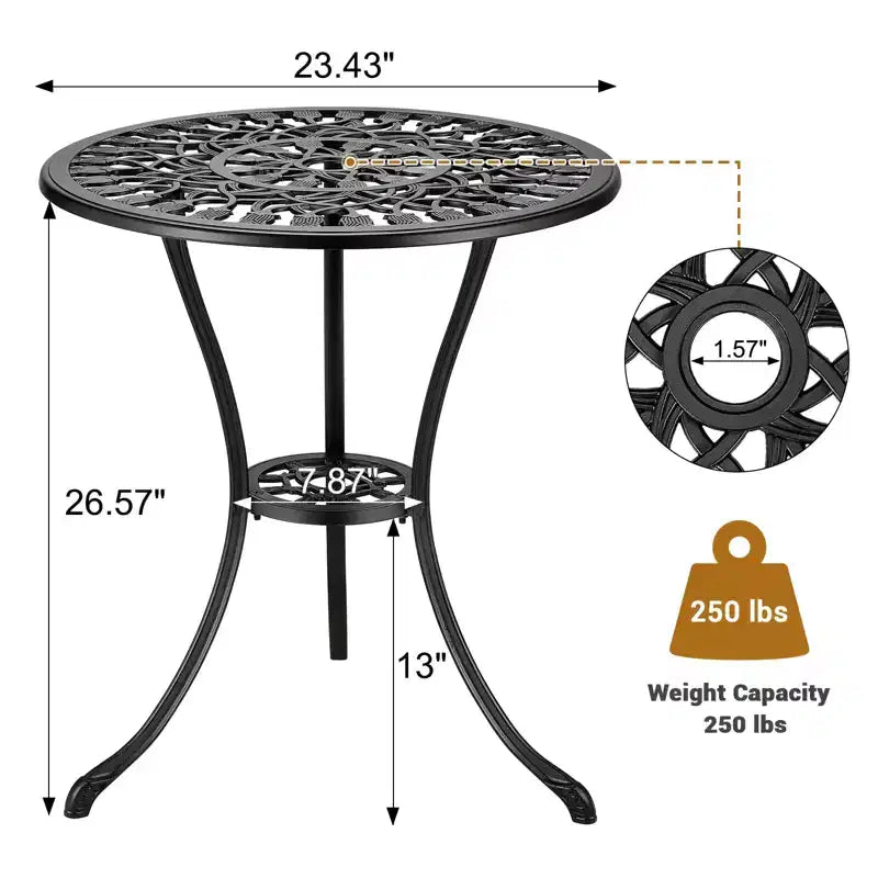 Table de bistrot ronde d'extérieur 23,6" – Aluminium coulé, motif tulipe antique, noire