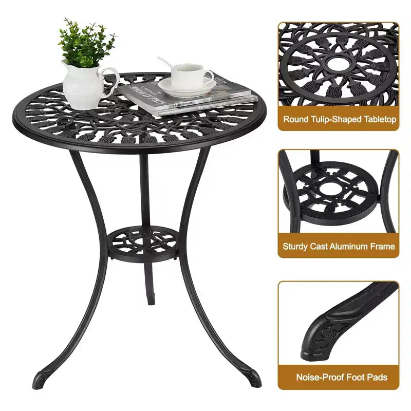 Table de bistrot ronde d'extérieur 23,6" – Aluminium coulé, motif tulipe antique, noire