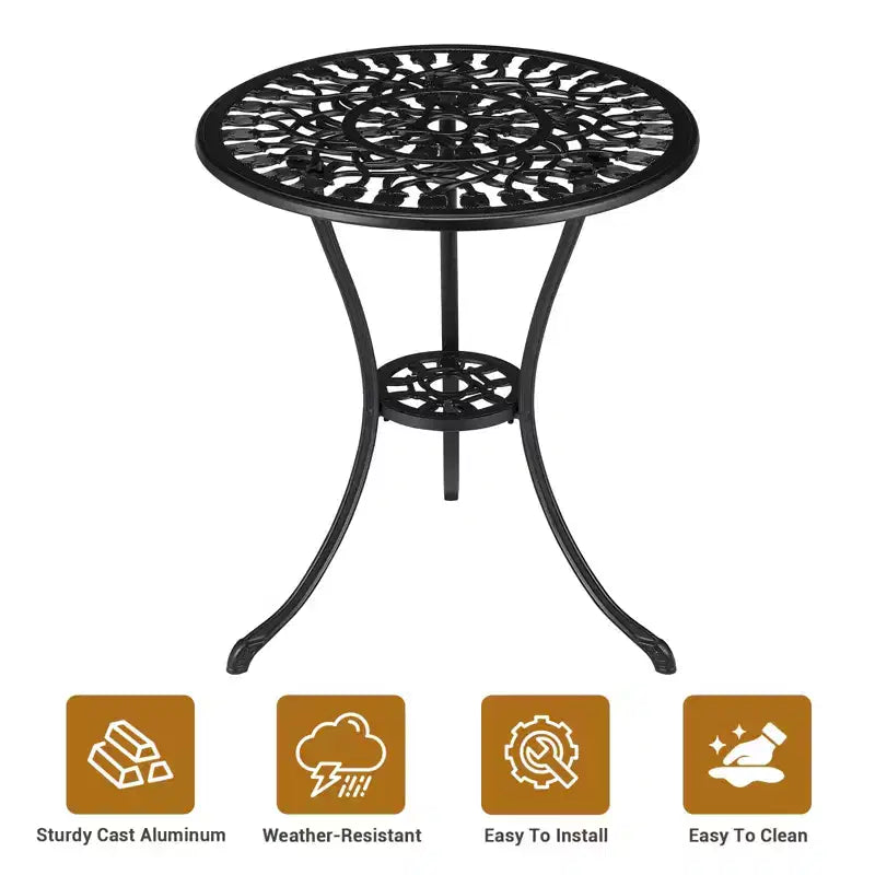Table de bistrot ronde d'extérieur 23,6" – Aluminium coulé, motif tulipe antique, noire