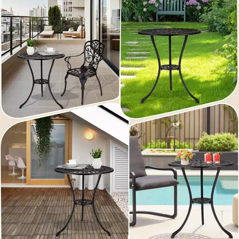 Table de bistrot ronde d'extérieur 23,6" – Aluminium coulé, motif tulipe antique, noire