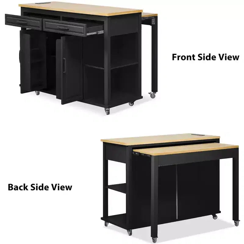 Îlot de cuisine roulant de 119 cm avec table extensible, rangement et prise de courant intégrée