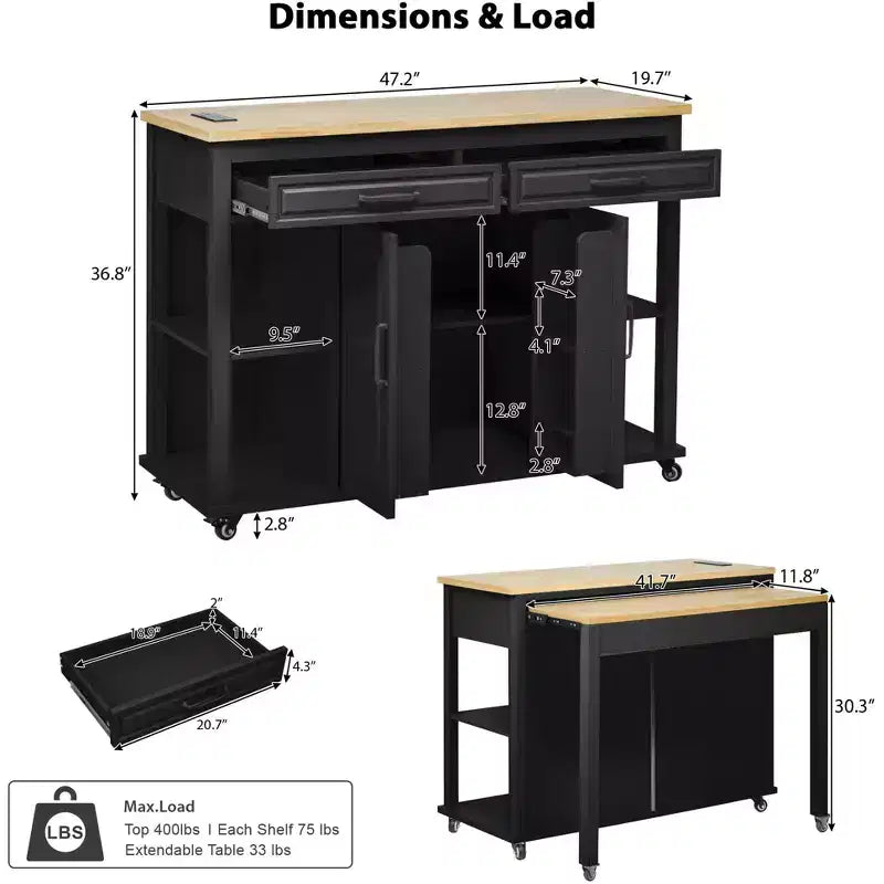 Îlot de cuisine roulant de 119 cm avec table extensible, rangement et prise de courant intégrée