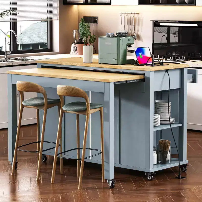 Îlot de cuisine roulant de 119 cm avec table extensible, rangement et prise de courant intégrée