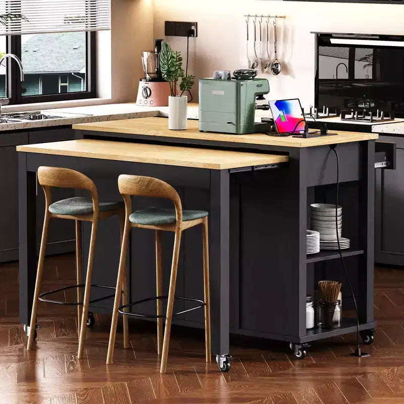 Îlot de cuisine roulant de 119 cm avec table extensible, rangement et prise de courant intégrée
