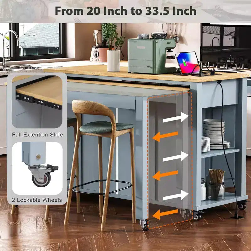 Îlot de cuisine roulant de 119 cm avec table extensible, rangement et prise de courant intégrée