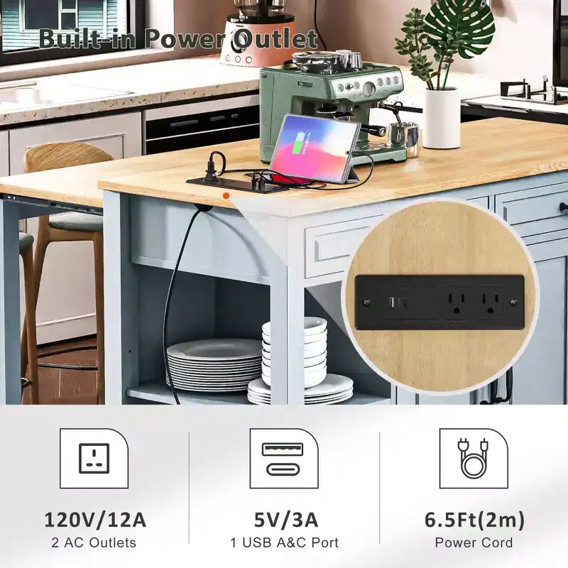 Îlot de cuisine roulant de 119 cm avec table extensible, rangement et prise de courant intégrée