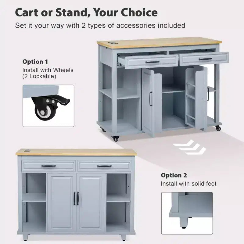 Îlot de cuisine roulant de 119 cm avec table extensible, rangement et prise de courant intégrée