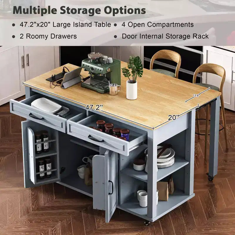 Îlot de cuisine roulant de 119 cm avec table extensible, rangement et prise de courant intégrée