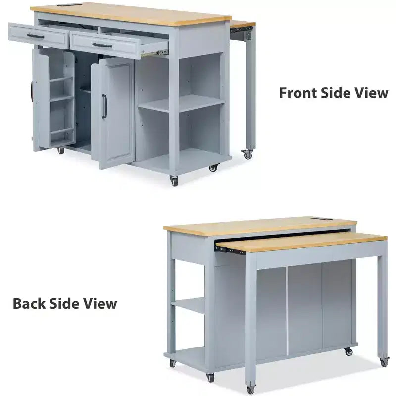 Îlot de cuisine roulant de 119 cm avec table extensible, rangement et prise de courant intégrée