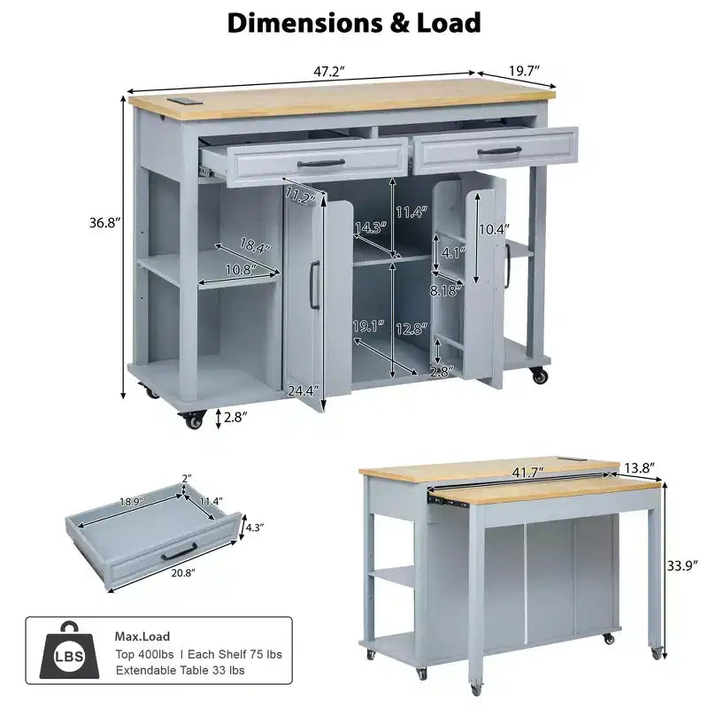 Îlot de cuisine roulant de 119 cm avec table extensible, rangement et prise de courant intégrée