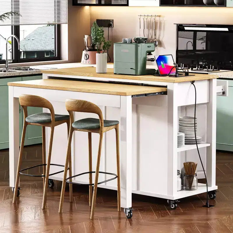 Îlot de cuisine roulant de 119 cm avec table extensible, rangement et prise de courant intégrée