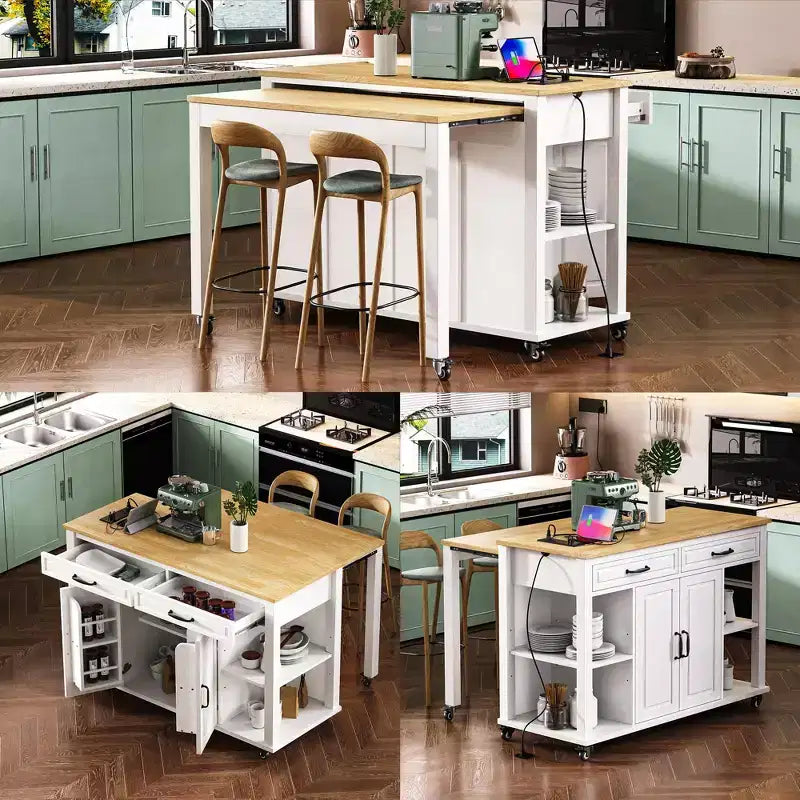 Îlot de cuisine roulant de 119 cm avec table extensible, rangement et prise de courant intégrée