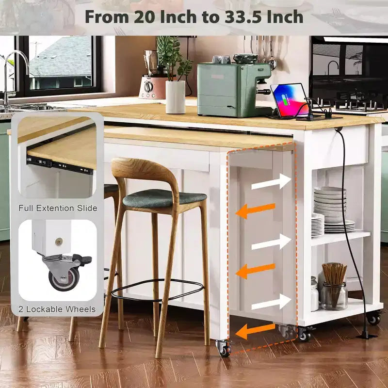 Îlot de cuisine roulant de 119 cm avec table extensible, rangement et prise de courant intégrée