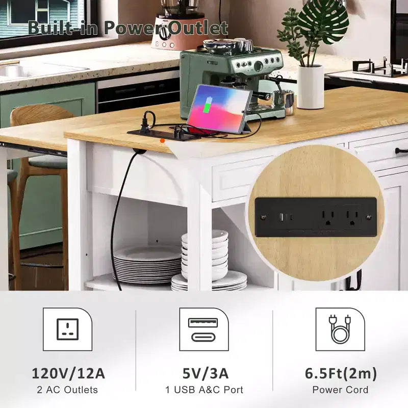 Îlot de cuisine roulant de 119 cm avec table extensible, rangement et prise de courant intégrée