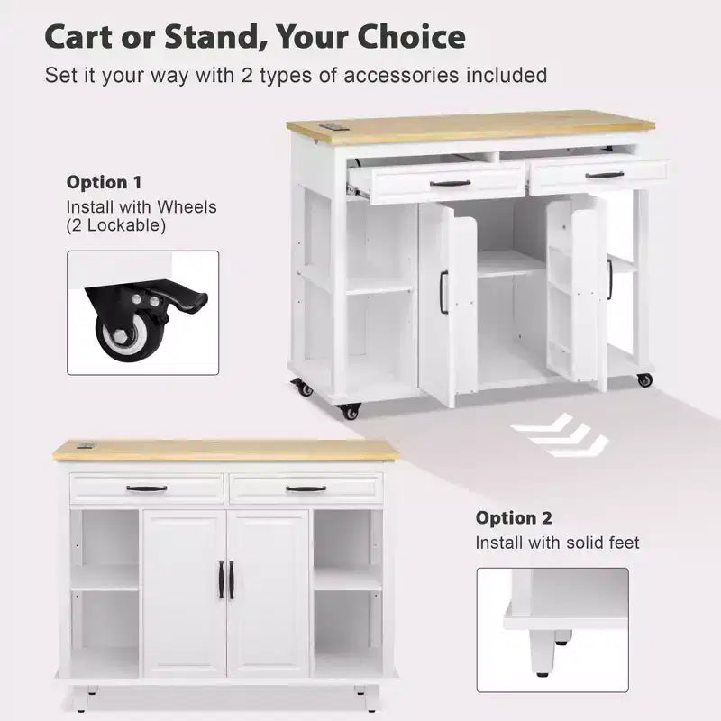 Îlot de cuisine roulant de 119 cm avec table extensible, rangement et prise de courant intégrée