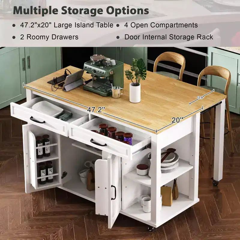 Îlot de cuisine roulant de 119 cm avec table extensible, rangement et prise de courant intégrée