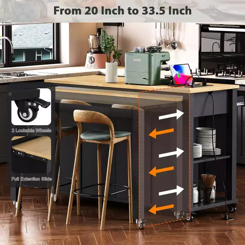 Îlot de cuisine roulant de 119 cm avec table extensible, rangement et prise de courant intégrée