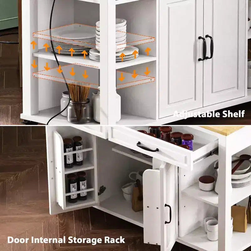 Îlot de cuisine roulant de 119 cm avec table extensible, rangement et prise de courant intégrée