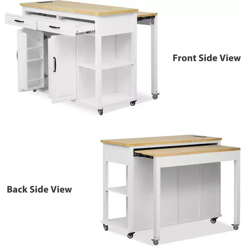 Îlot de cuisine roulant de 119 cm avec table extensible, rangement et prise de courant intégrée