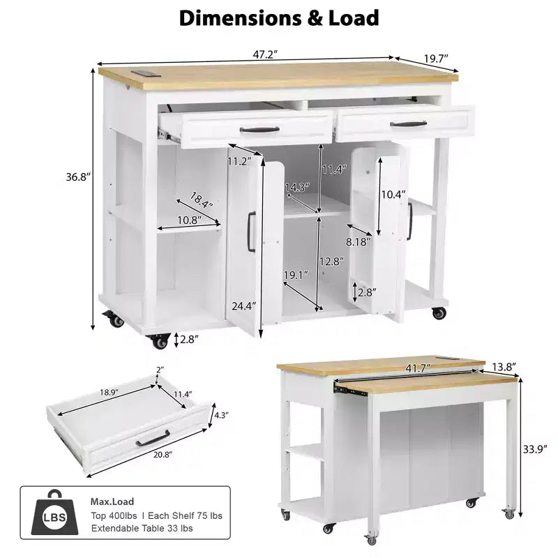 Îlot de cuisine roulant de 119 cm avec table extensible, rangement et prise de courant intégrée