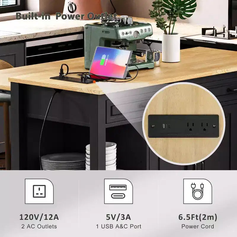 Îlot de cuisine roulant de 119 cm avec table extensible, rangement et prise de courant intégrée