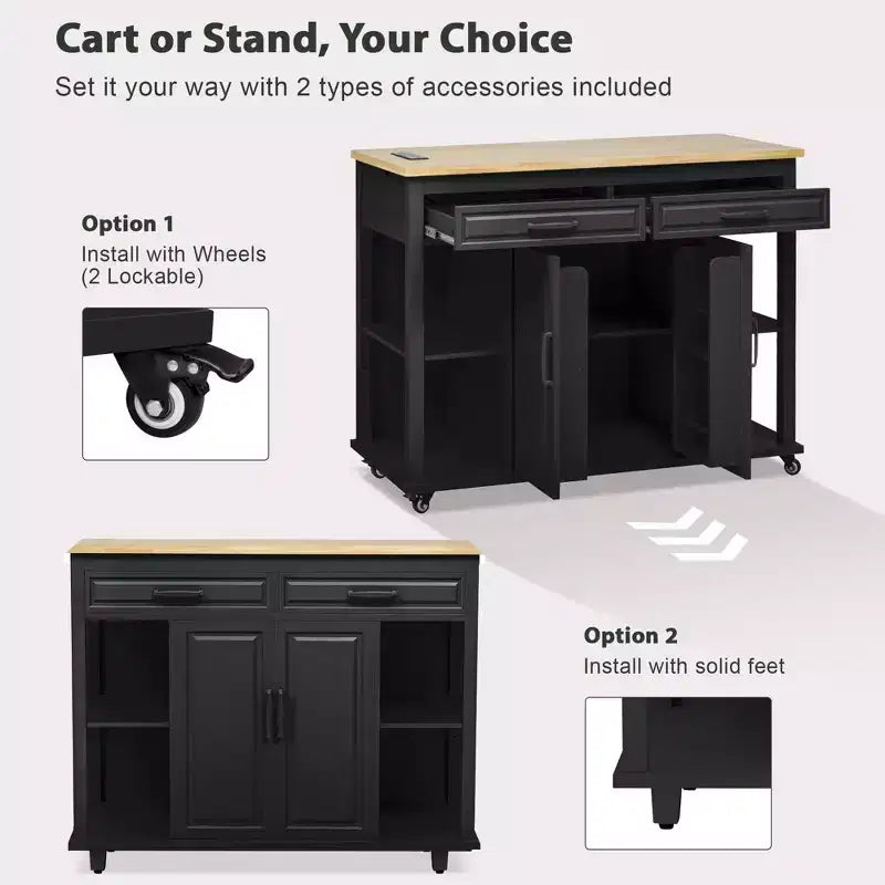 Îlot de cuisine roulant de 119 cm avec table extensible, rangement et prise de courant intégrée